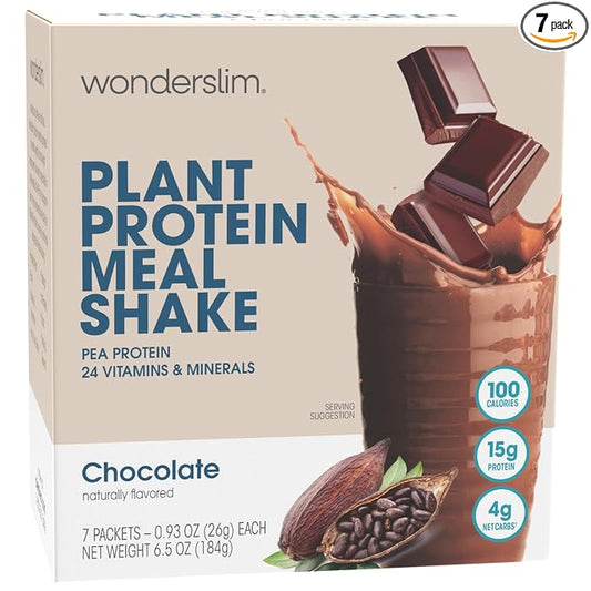 WonderSlim Plant Based Meal Replacement Shake, Chocolate, 15g Protein, Keto Friendly & Low Carb, Low Sugar, Gluten, Soy, & Dairy Free (7ct)