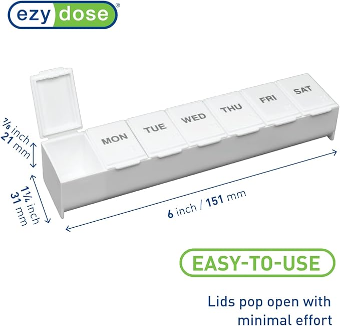 EZY DOSE Weekly (7-Day) Pill Case, Medicine Planner, Vitamin Organizer Box, Convenient and Easy to Use, Large Compartments, Travel Friendly, White, Made in the USA, BPA Free