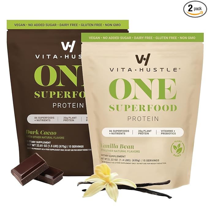 VitaHustle ONE Meal Replacement Shake - Plant Based Protein Powder by Kevin Hart - Vegan, Meal Replacement Powder with Superfoods, Vitamins, Adaptogens & Probiotics - Chocolate and Vanilla Flavor, 30 Servings