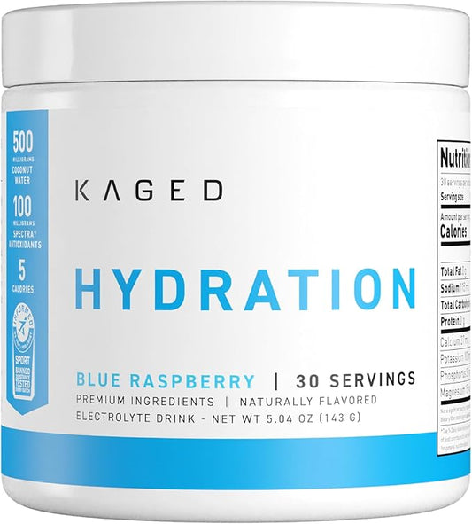 Kaged Hydration Electrolytes Powder | Blue Raspberry | Hydra-Charge Sports Drink Mix | Pre, Post, Intra Workout | Low Carb, Vegan, Gluten Free | Supplements for Men & Women | 30 Servings