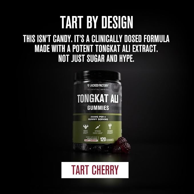 Jacked Factory Tongkat Ali Gummies - 100:1 Tongkat-Ali (Eurycoma Longifolia) Extract for Enhanced Vitality, Improved Energy Levels, Increased Strength, & Lean Muscle Growth - 120 Count, Tart Cherry