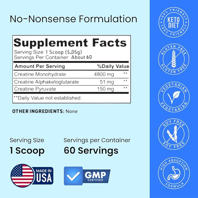 Crazy Muscle Creatine Monohydrate Powder, 5000mg Premium 3X ThreeAtine Pre Workout Mass Gainer, High Absorption Easy to Take Powder Optimum Performance for Men & Women, 60 Servings