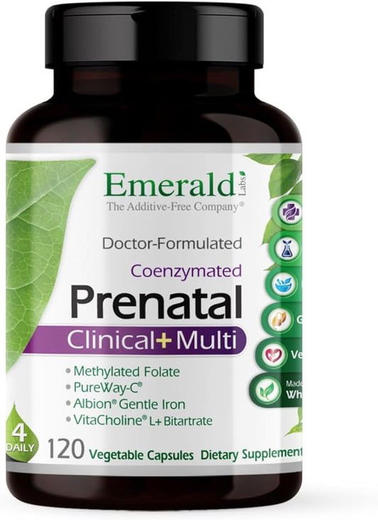 EMERALD LABS Prenatal Clinical Multi - Prenatal Multivitamin with Methylfolate, Albion Chelated Gentle Iron, Whole-Food Ingredients & More - Soy & Gluten-Free - 120 Vegetable Capsules (30-Day Supply)
