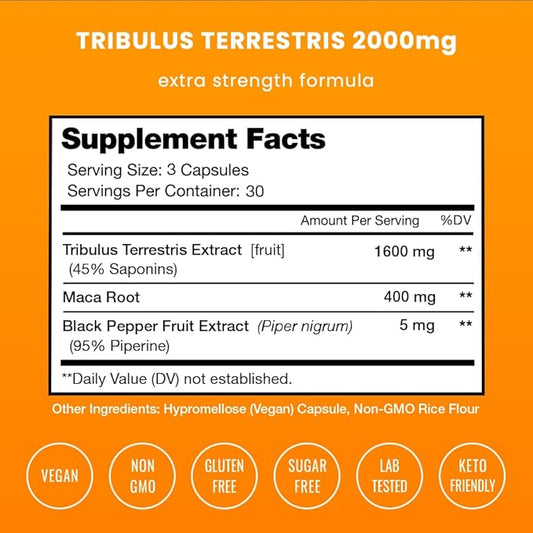 NutraChamps Tribulus Terrestris for Men, 2000mg Supplement Booster for Energy, Vitality, Stamina & Performance, Extra Strength Saponins, 90 Vegan Capsules