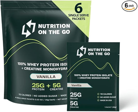Travel Whey Protein Isolate Packets – Single-Serve Protein Powder – 25g Protein + 5g Creatine – Vanilla (6-Pack)