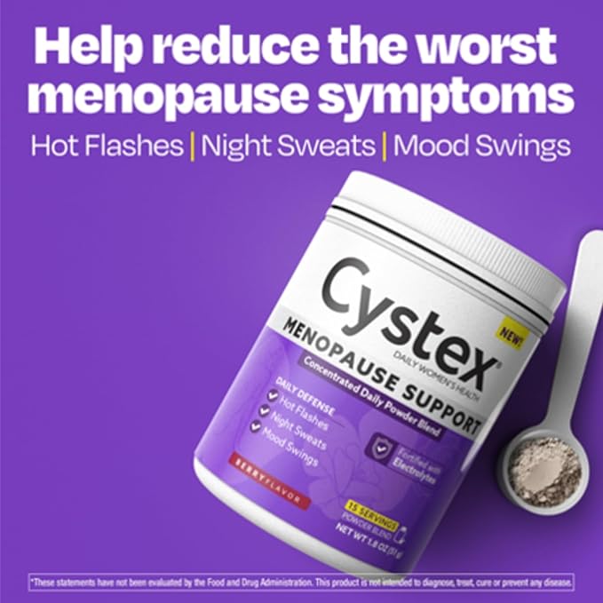 Cystex Menopause Support Powder – Daily Relief for Hot Flashes, Night Sweats & Mood Swings – Clinically Studied Ingredients – Electrolyte-Enhanced, Berry Flavor, (15 Servings)