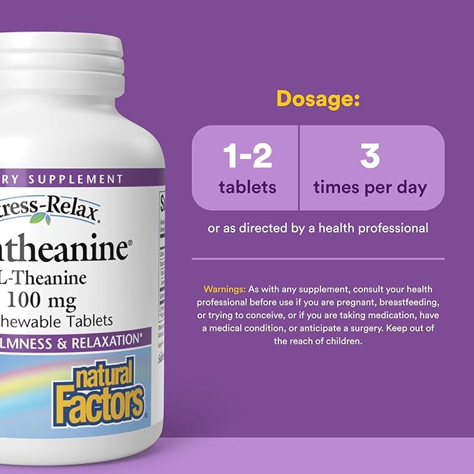 Natural Factors Stress-Relax Chewable Suntheanine L-Theanine 100 mg, Non-Drowsy Stress Support for Mental Calmness and Relaxation, Tropical Fruit Flavor, 60 Tablets