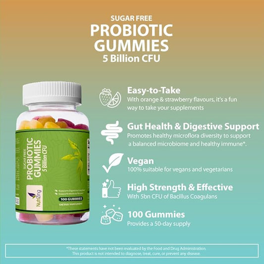 NutriZing Sugar Free Probiotic Gummies for Women & Men - Fruit Flavored Chewable Probiotic Gummy - Probiotics for Digestive Health - Immune Support & Gut Health Supplement - 100 Count, 5 Bn CFU