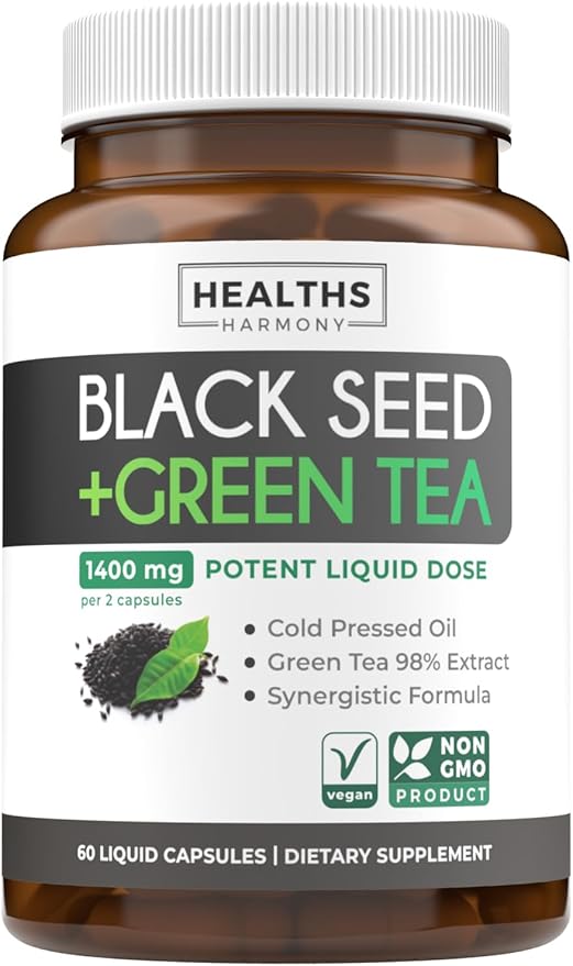 Cold-Pressed Black Seed Oil Capsules - Vegan Non-GMO Nigella Sativa Black Seed Oil Supplement with EGCG Green Tea Extract for Wellness & Energy Support - Polyphenol & Thymoquinone-Rich (1 Month)