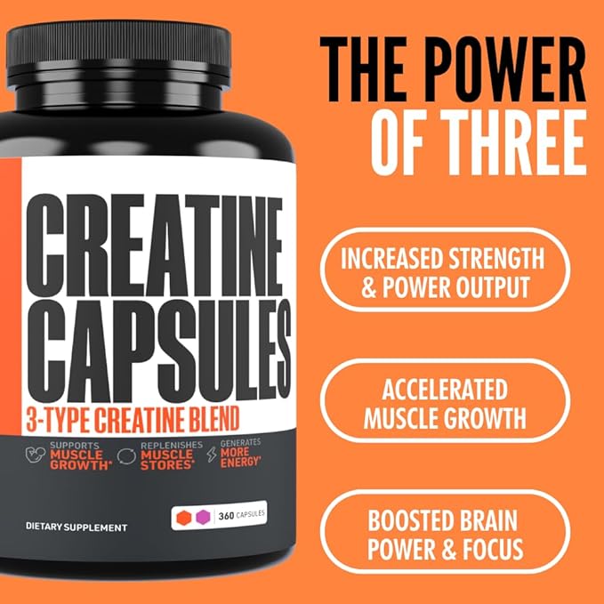 Crazy Muscle Creatine Capsules, 5g of Premium 3X ThreeAtine Pre Workout Bulk Mass Gainer, High Absorption Easy to Take Creatine Monohydrate, Optimum Performance for Men Women, 360 Capsules