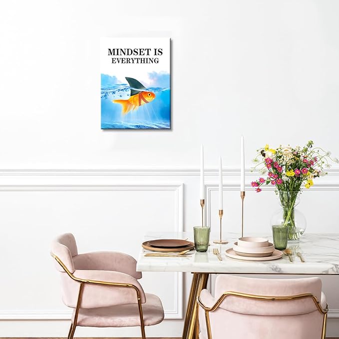 Mindset Is Everything Canvas Wall Art,Motivational Quote Wall Decor,Goldfish Shark Canvas Framed Decor Ready to Hang for Home Office Bedroom