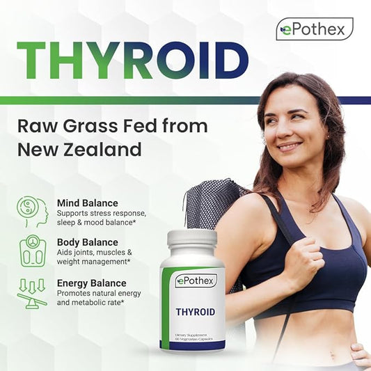 Raw Grass-Fed Desiccated Bovine Thyroid - Thyroid and Energy Support - New Zealand Sourced, 60 Capsules
