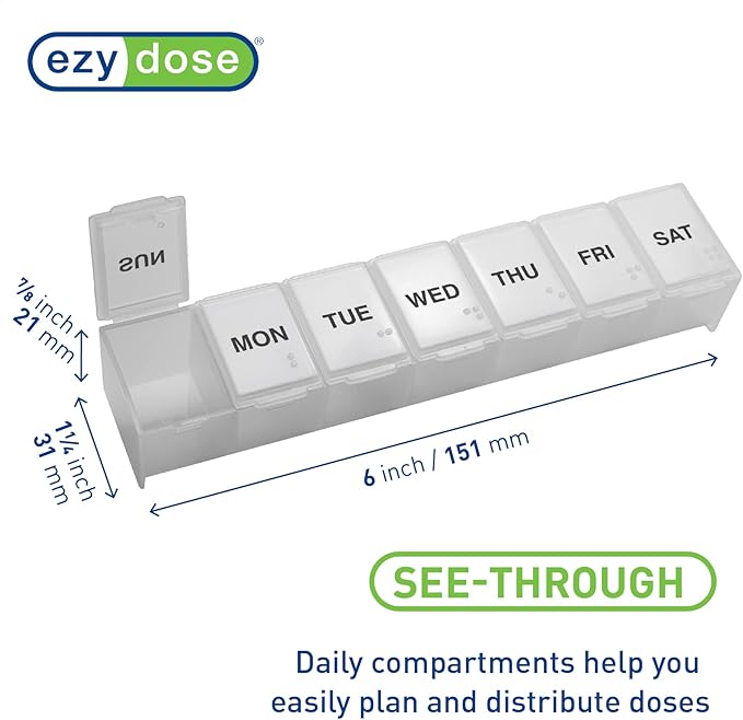 EZY DOSE Weekly (7-Day) Daily Pill Case, Medicine Planner, Vitamin Organizer, Supplement Container, Convenient and Easy to Use, Large Compartments, Travel Friendly, Clear, Made in The USA, BPA Free