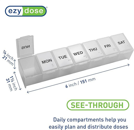 EZY DOSE Weekly (7-Day) Daily Pill Case, Medicine Planner, Vitamin Organizer, Supplement Container, Convenient and Easy to Use, Large Compartments, Travel Friendly, Clear, Made in The USA, BPA Free