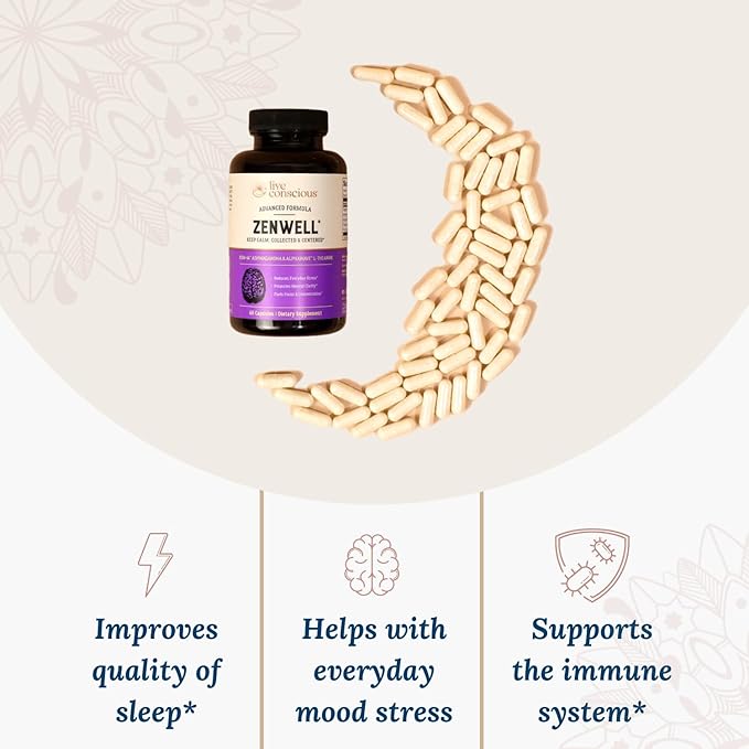 Live Conscious KSM-66 Ashwagandha Supplement w/L Theanine & AlphaWave - ZenWell Everyday Stress Relief, Cognitive, Brain Health - Ashwagandha for Men & Women - 60 Capsules
