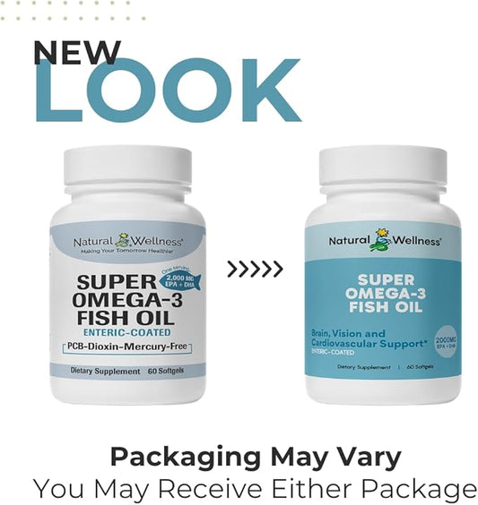 Natural Wellness Super Omega-3 Fish Oil – 600 mg EPA & 400 mg DHA for Heart, Brain, and Joint Health – 60 Enteric-Coated Softgels