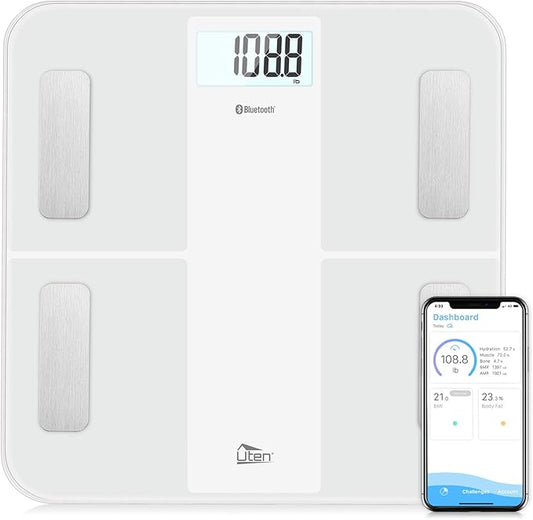 Uten Body Fat Scale Smart BMI Scale Digital Bathroom Wireless Weight Scale, Body Composition Analyzer with Smartphone App sync with Bluetooth-Compatible (White), Connect USB Cable to Charge