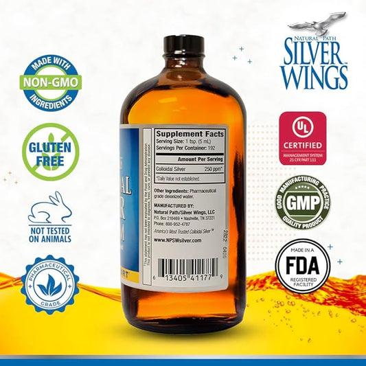 Natural Path Silver Wings Colloidal Silver Liquid - Enhanced Immune Support Supplement - 250ppm (1250mcg) - 16oz