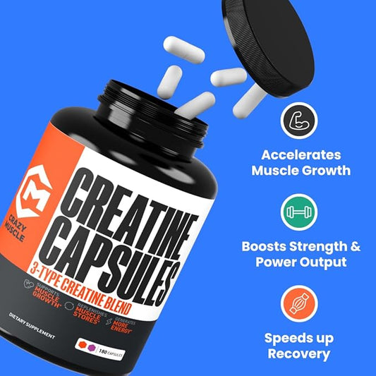Crazy Muscle Creatine Capsules, 5g of Premium 3X ThreeAtine Pre Workout Bulk Mass Gainer, High Absorption Easy to Take Creatine Monohydrate, Optimum Performance for Men Women, 360 Capsules