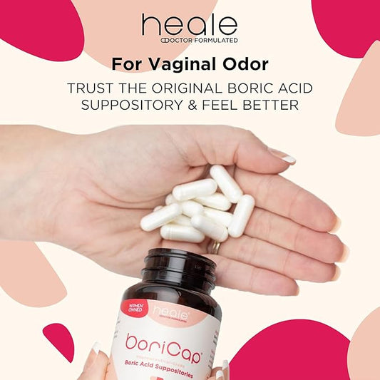 BoriCap - Boric Acid Suppositories for Women - 600 mg - Vaginal Health & Balance, Itch & Odor - Natural Relief - Feminine Care - Feminine Hygiene Products - Made in USA by Heale - 60 Capsules