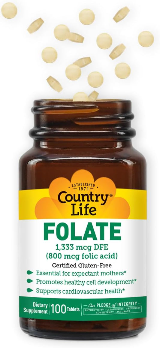 Country Life Folate 800 mcg (Folic Acid), Supports Healthy Cell Development & Heart Health, Prenatal Support for Women, 100 Tablets, Certified Gluten-Free, Vegetarian, Kosher