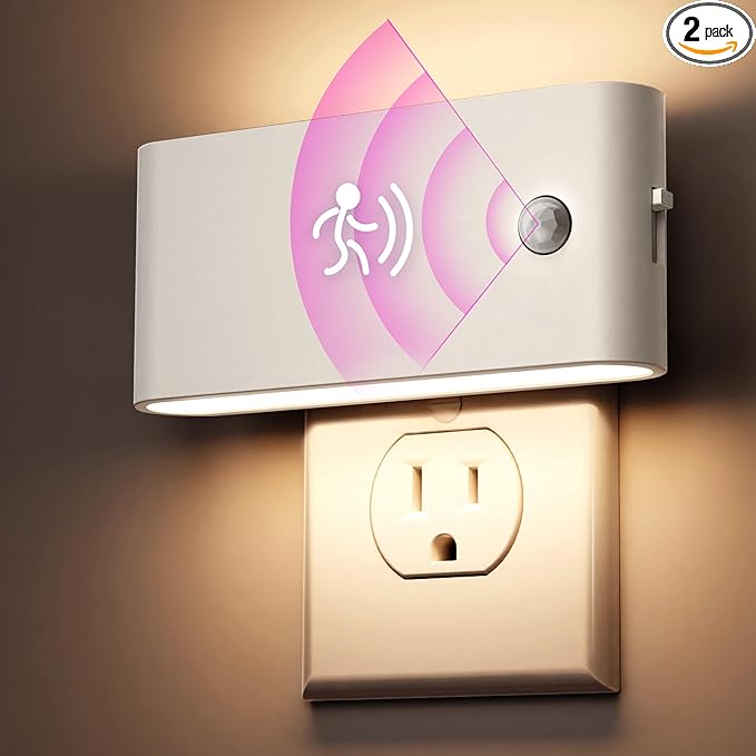 LED Night Light Motion Sensor 2 Pack, Motion Activation Night Lights Plug into Wall, Auto On Off, 0-100LM Dimmable Night Light Plug in, 3000K Warm White LED Nightlight for Kids Bedroom Hallway