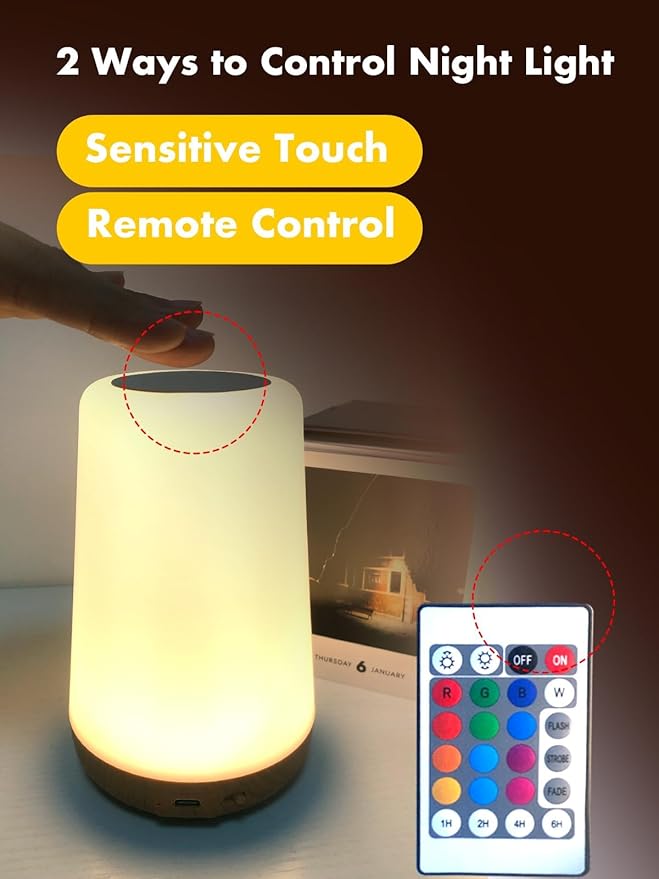 TLAOTNIY Baby Night Light, Dimmable Touch Lamp for Nursery, Portable Rechargeable Bedside Table Lamp for Bedroom, 13 RGB Colors 5 Brightness, Night Lamp for Kids Living Room Bathroom Hallways