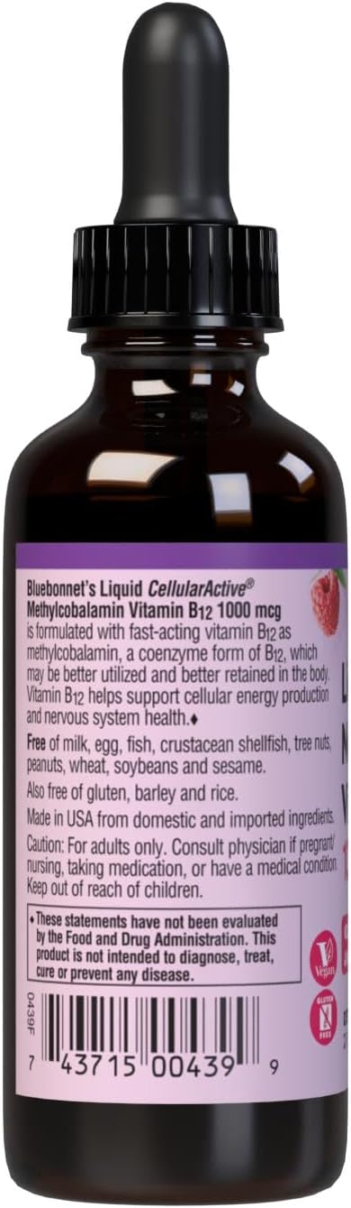 Bluebonnet Nutrition Liquid Cellular Active Methycobalamin Vitamin B12, 1000 mcg, For Cellular Energy Production and Nervous System Health, Soy-Free, Gluten-Free, Dairy-Free, Vegan, 2OZ, 59 Serving