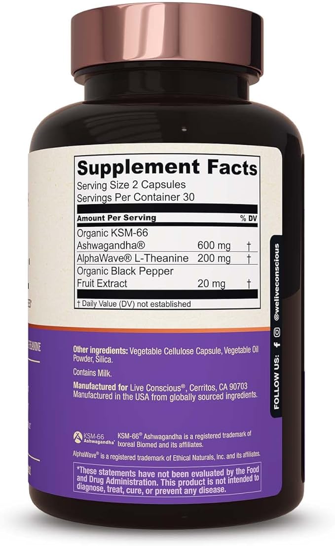 Live Conscious KSM-66 Ashwagandha Supplement w/L Theanine & AlphaWave - ZenWell Everyday Stress Relief, Cognitive, Brain Health - Ashwagandha for Men & Women - 60 Capsules