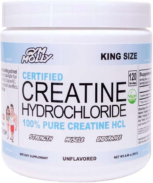 Gym Molly Creatine Hydrochloride (HCL) Powder, Highly Soluble Creatine Hydrochloride, Unflavored, Vegan, Workout Supplement for Men and Women, Muscle Builder Creatine Supplement (King Size)