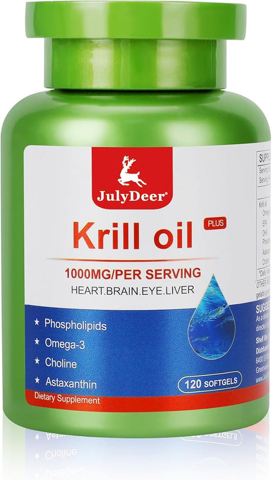 Krill Oil 1000 mg with Omega-3s EPA, DHA, Astaxanthin and Phospholipids 120 Softgels Supplement, Antarctic Krill No Fishy Aftertaste for Joint, Heart, Brain and Immunity