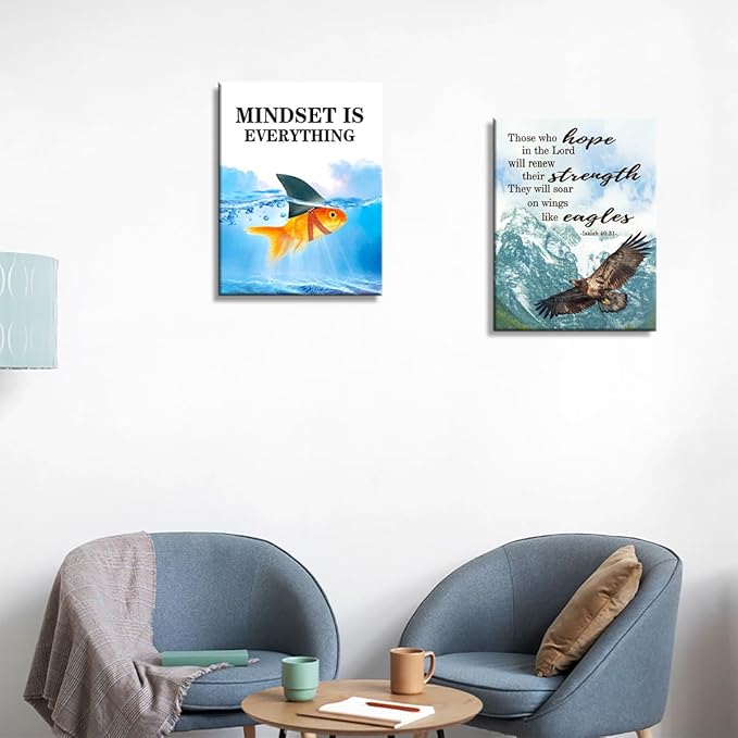 Mindset Is Everything Canvas Wall Art,Motivational Quote Wall Decor,Goldfish Shark Canvas Framed Decor Ready to Hang for Home Office Bedroom