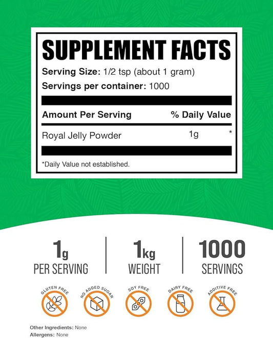 BulkSupplements.com Royal Jelly Powder - Royal Jelly Supplement, for Immune Support - Gluten Free, 1g per Serving, 1kg (2.2 lbs) (Pack of 1)