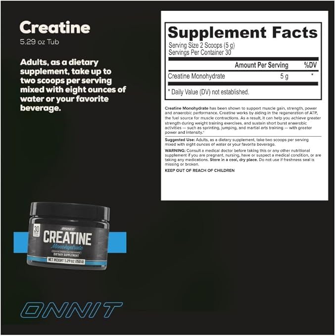ONNIT Creatine Monohydrate Powder – 5g Premium Creatine for Muscle Strength, Power & Lean Mass, Supports Brain Health & Cellular Energy, Unflavored, 30 Servings, 5.29 oz (3-Pack)