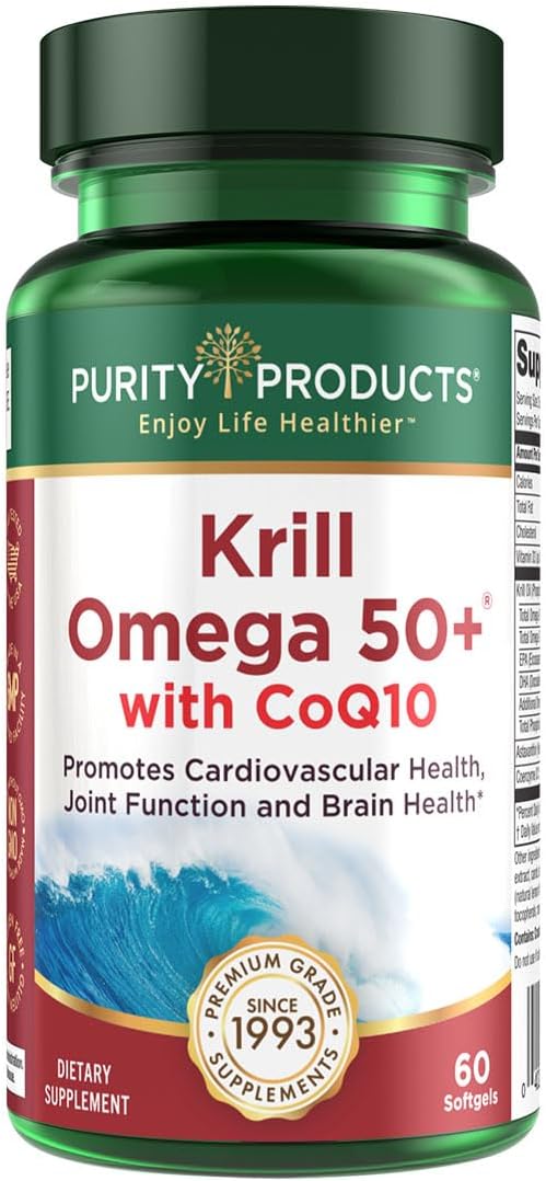 Krill Omega 50 Plus w/ CoQ10 from Purity Products - 1300mg Krill Oil and Fish Oil Blend - 100mg CoQ10 - 500mg Natural Astaxanthin - Support for Joint, Brain Health and more - 60 Mini Softgels