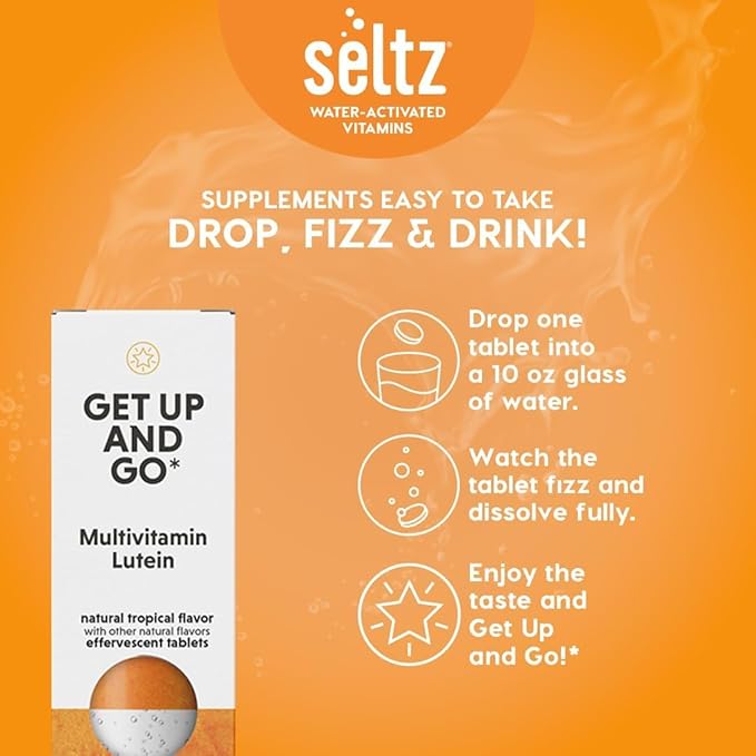 Seltz® Water-Activated Vitamins - Get Up and Go with Multivitamin and Lutein – Natural Tropical Flavor Dietary Supplement - 6 Packs x 20 Effervescent Tablets Each