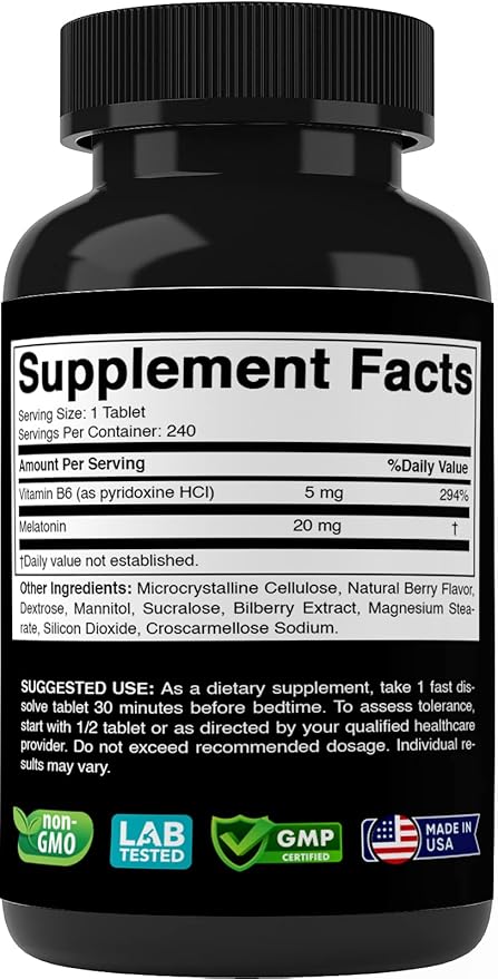 Melatonin 20 mg - 240 Fast Dissolve Tablets - Drug Free - Natural Berry Flavor - Vegetarian, Non-GMO, Gluten Free 240 Count (Pack of 2)