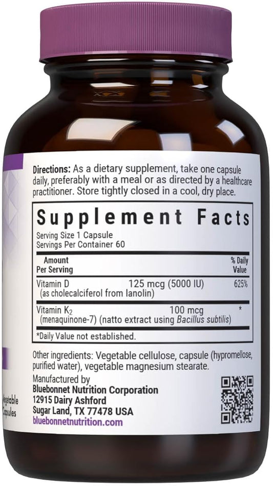Bluebonnet Nutrition Vitamin D3 & K2, Soy-Free, for Strong-Healthy Bones*, Gluten-Free, Non-GMO, Dairy-Free, Kosher Certified, Vegetarian, 60 Vegetable Capsules, 60 Servings