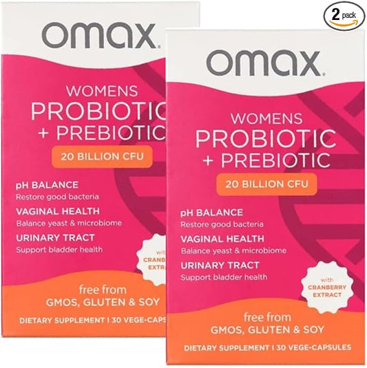 2 Pack Omax Prebiotics & Probiotics Complex for Women, pH Balance, Vaginal Health, Urinary Tract, Yeast, UTI/BV Prevention, Bloating pH 20 Billion CFU | Vegan, Organic, Gluten Free, 60 Vege-Capsules