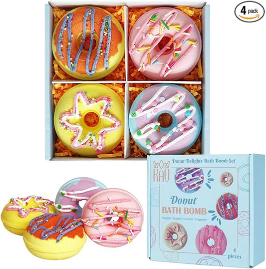 KAV Bath Bombs, 4 Donut Bath Bomb Gift Set, Natural Organic Bubble Bathbombs for Women, Gifts Stocking Stuffers Christmas Easter Self Care Gift Set for Ladies Girls Kids - 4 Scents