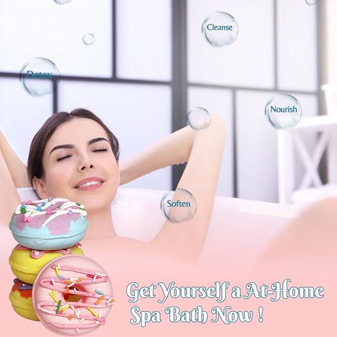 KAV Bath Bombs, 4 Donut Bath Bomb Gift Set, Natural Organic Bubble Bathbombs for Women, Gifts Stocking Stuffers Christmas Easter Self Care Gift Set for Ladies Girls Kids - 4 Scents