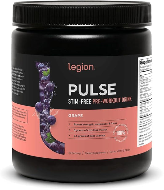 LEGION Pulse Pre Workout Supplement - All Natural Nitric Oxide Preworkout Drink to Boost Energy, Creatine Free, Naturally Sweetened, Beta Alanine, Citrulline, Alpha GPC (Caffeine Free Grape)
