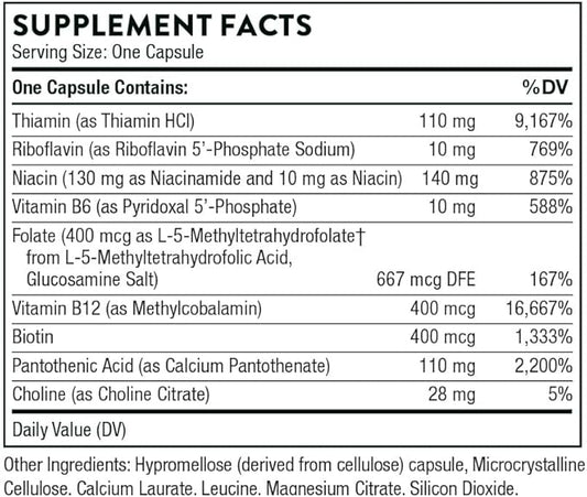 THORNE - Basic B-Complex - Tissue-Ready Vitamin B Complex Supplement with Choline - Supports Cellular Energy Production, Brain Health, Red Blood Cell Formation* - Gluten-Free, Dairy-Free - 60 Capsules
