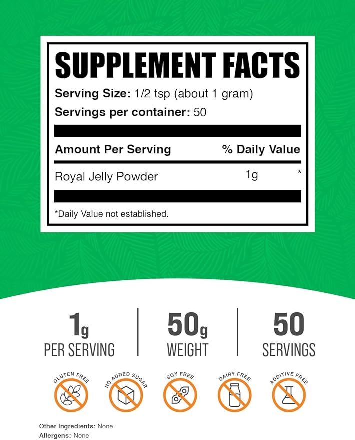BulkSupplements.com Royal Jelly Powder - Royal Jelly Supplement, for Immune Support - Gluten Free, 1g per Serving, 50g (1.8 oz) (Pack of 1)