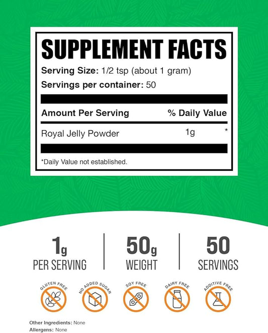 BulkSupplements.com Royal Jelly Powder - Royal Jelly Supplement, for Immune Support - Gluten Free, 1g per Serving, 50g (1.8 oz) (Pack of 1)