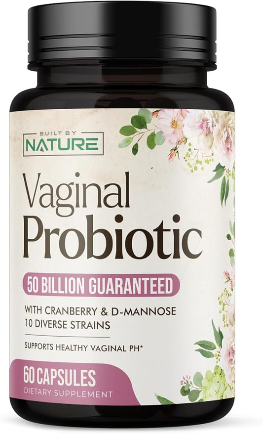 Built by Nature Vaginal Probiotics for Women – pH Balance & Feminine Health with Prebiotics, Lactobacillus & Cranberry Extract – 50 Billion CFU – Support UT, Vaginal Odor & Flora – 60 Capsules