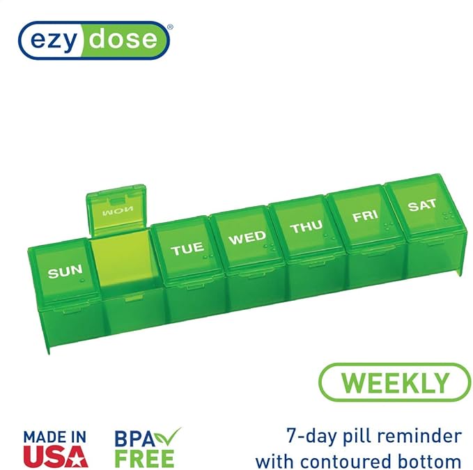 EZY DOSE Weekly (7-Day) Pill Case, Medicine Planner, Vitamin Organizer Box, Convenient and Easy to Use, Large Compartments, Travel Friendly, Green, Made in the USA, BPA Free