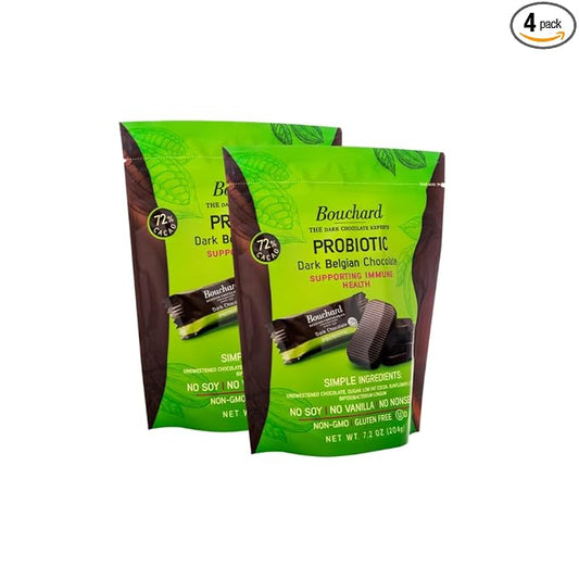 4 Pack! Bouchard Probiotic Dark Belgian Chocolate (72% Cacao) | Individually Wrapped in Resealable Bag | No Soy, No Vanilla, No Nonsense | Non-GMO, Gluten Free, OU-D Kosher