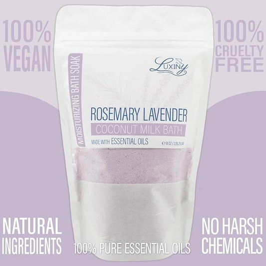 Vegan Milk Bath Soak Made with Moisturizing Coconut Milk Powder, Essential Oil, & Sweet Almond Oil for a Bath Bomb Dust Soothing Fizz & Relaxing Soak, 8 oz. (Rosemary Lavender)