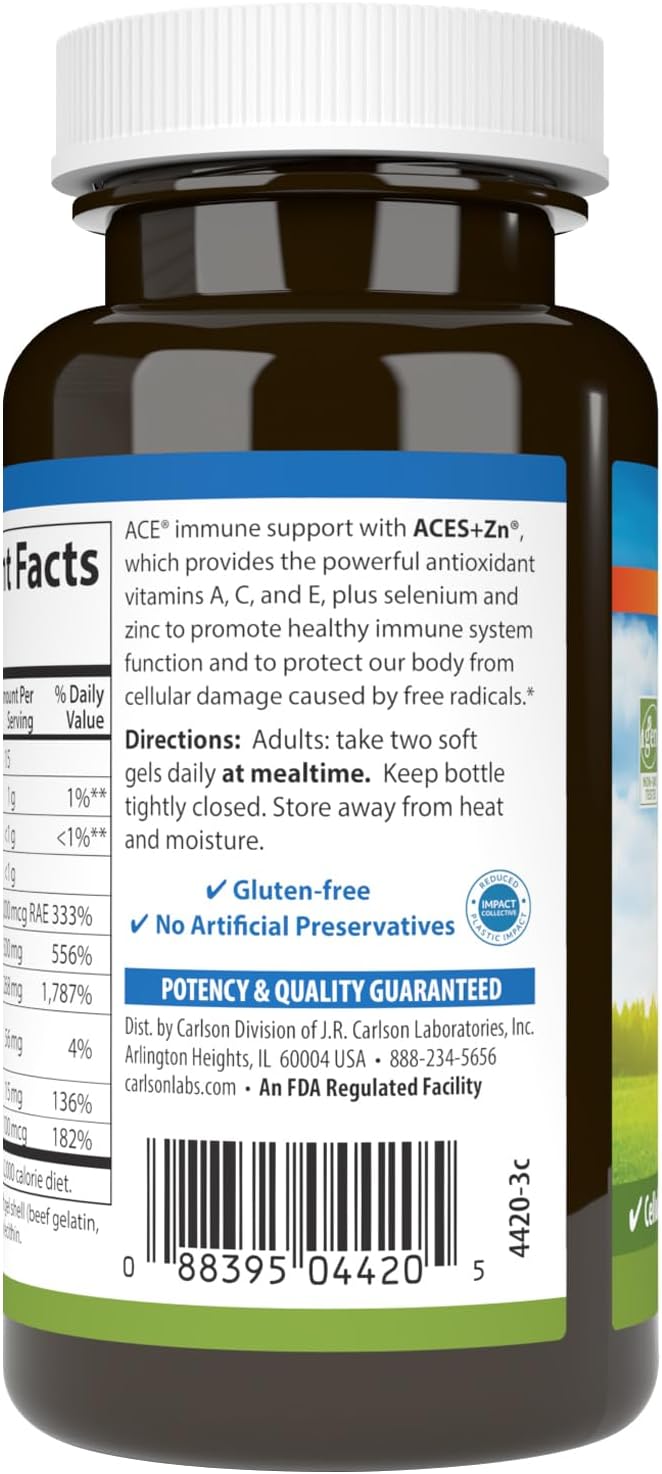 Carlson - ACES + Zn, Vitamins A, C, E + Selenium & Zinc, Cellular Health & Immune Support, Antioxidant, 60 Softgels